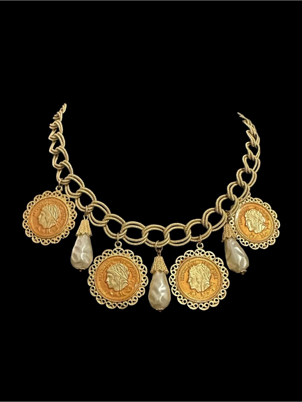 #59 Vintage Gold-Tone Coin Pendant Necklace with Pearl Drops